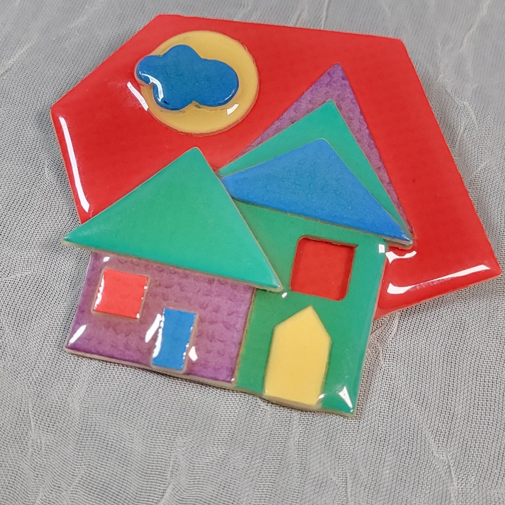 Lucinda House Pin Brooch Red Green Multi Color Geometric Folk Art Style